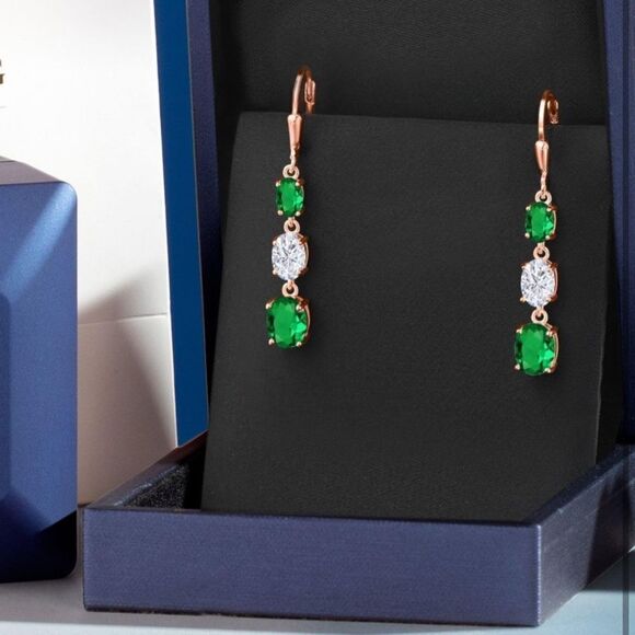 18K Rose Gold with 4.10 Cttw 3 Stone Emerald and White Moissanite Drop Earrings - Picture 4 of 5